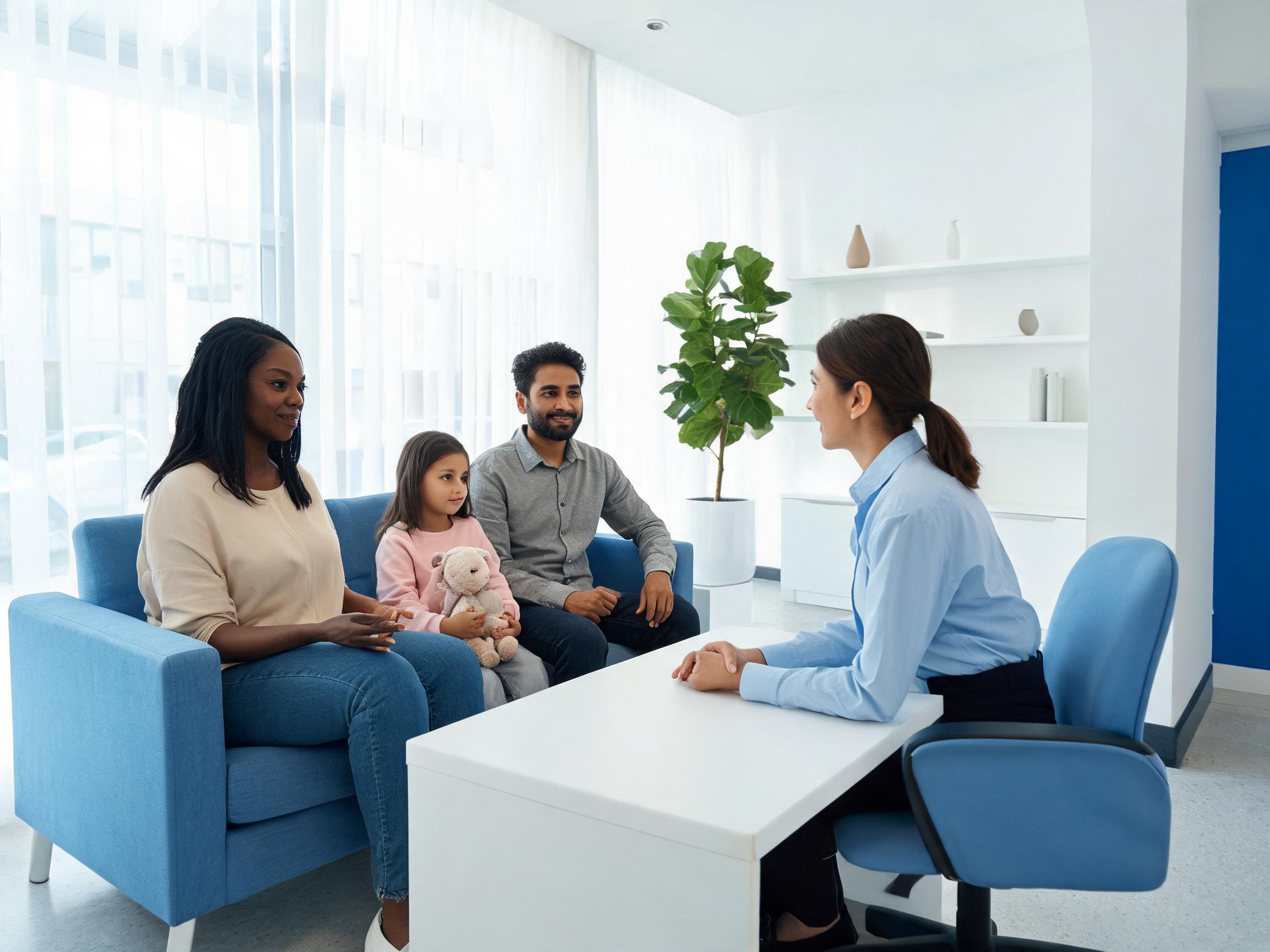 Una famiglia riceve assistenza da un consulente in un ufficio accogliente